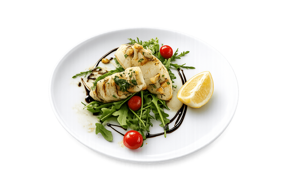 Calamar Maroc Loligo Vulgaris la Grill , Salata Rucola , Rosii Cherry si Sos Aglio Oil cu Limes