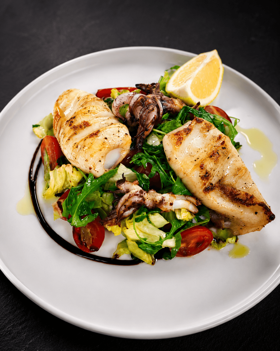 Calamar Maroc Loligo Vulgaris la Grill , salata Rucola , Rosii Cherry si Sos Aglio Oil