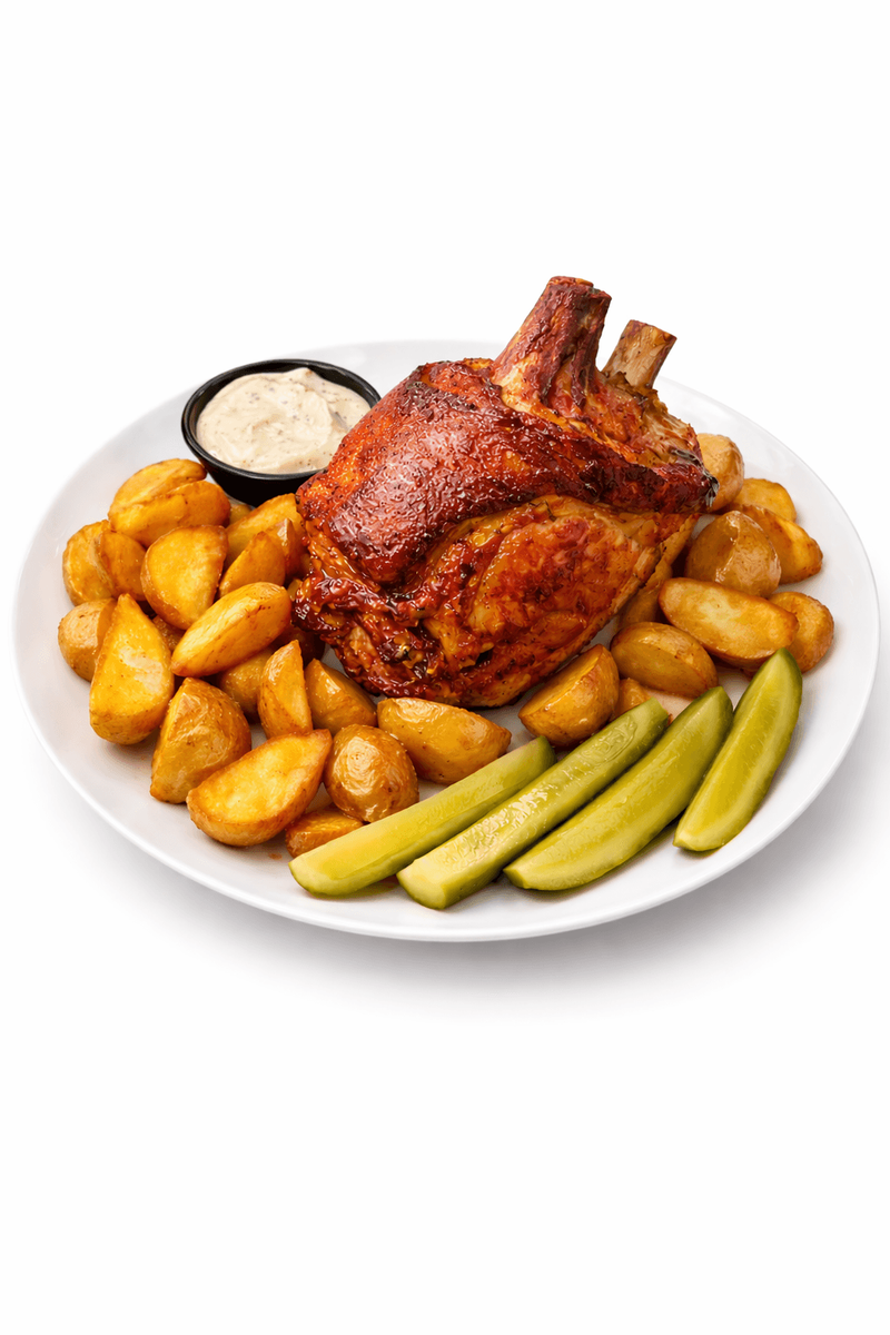 Ciolan de Porc cu Cartofi Wadges si Castraveți în Otet