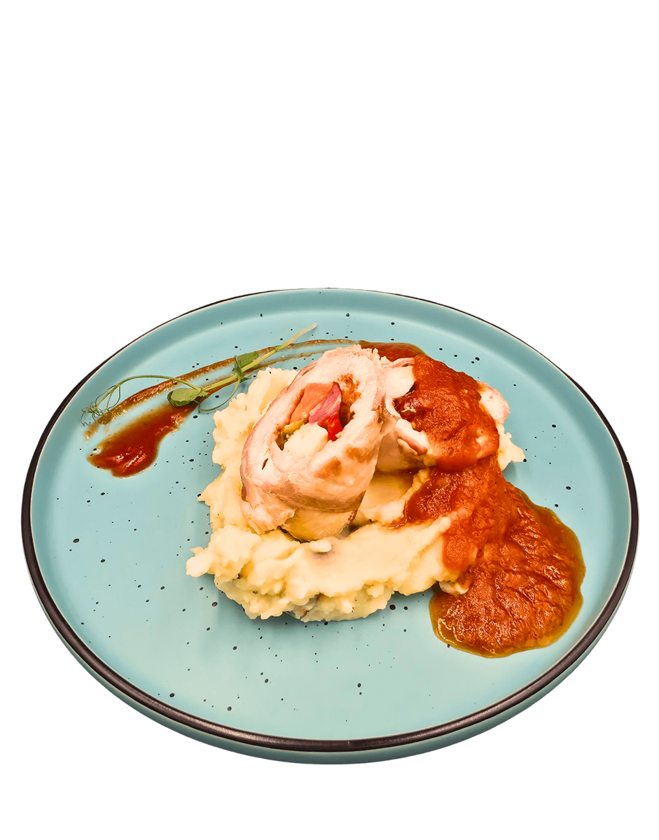 Chicken Roll Stuffed with Vegetables, Ham and Cheese, in Pepper and Tomato Sauce, Mashed Potatoes with Mushrooms
