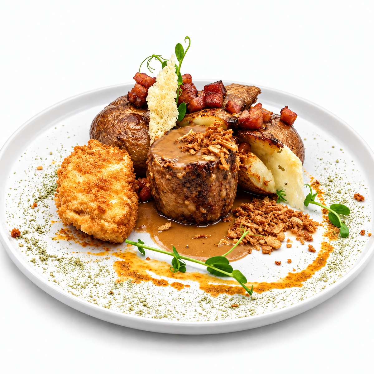 Ceafa Confit, Cartofi Zdrobiți cu Gojuchang, Camembert Pane si Sos Demi Glace