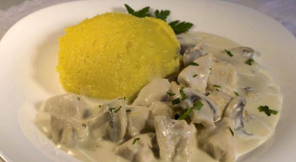 Ciulama de Pui cu Ciuperci Servita cu Mamaliguta 