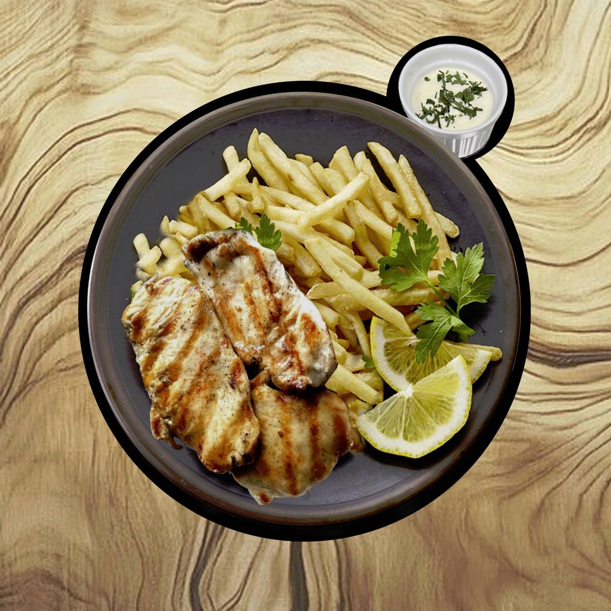Piept de Pui la Grill, Cartofi Prajiti si Sos de Usturoi