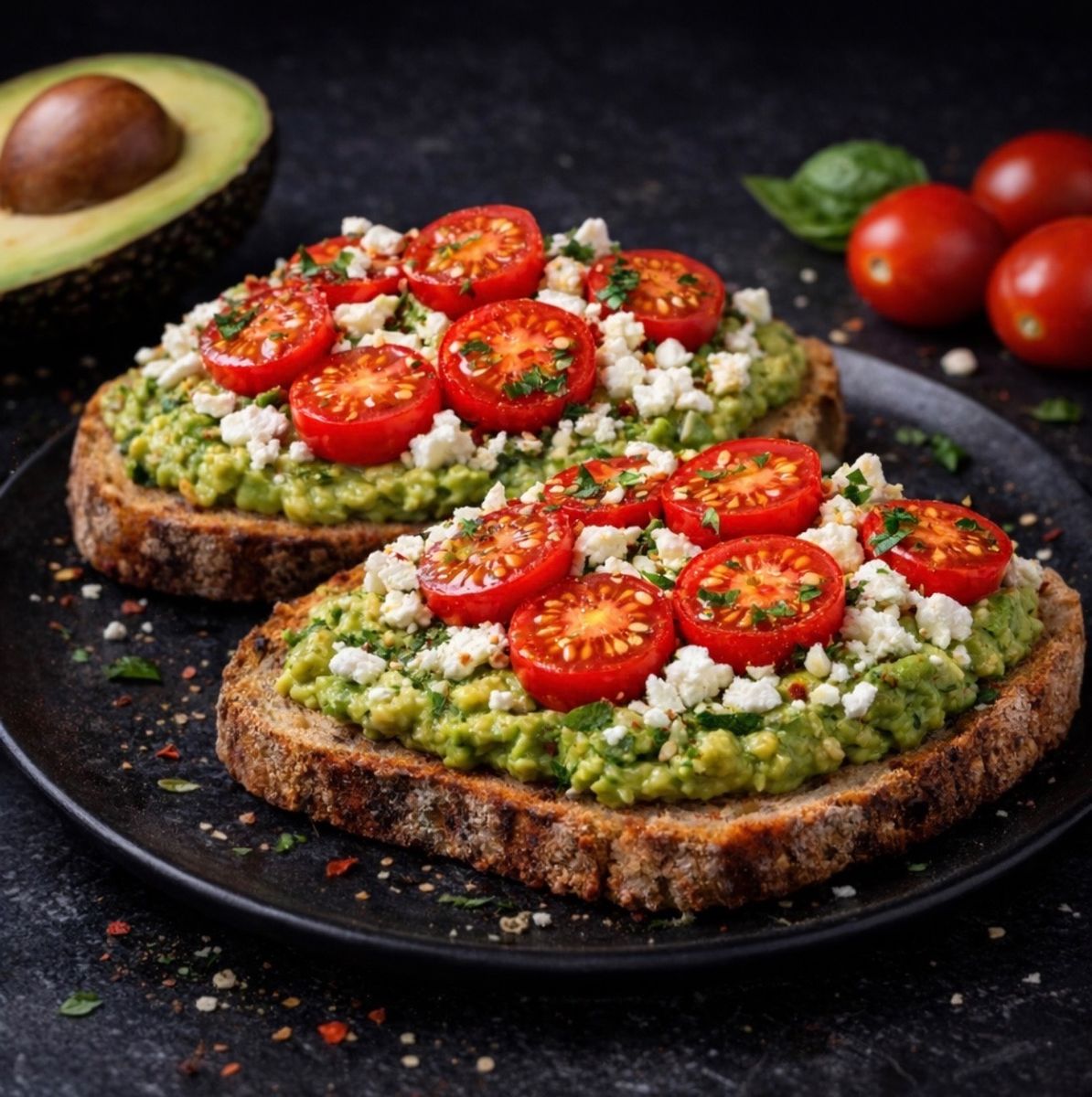Toast cu Avocado , brânză Feta și Roșii 