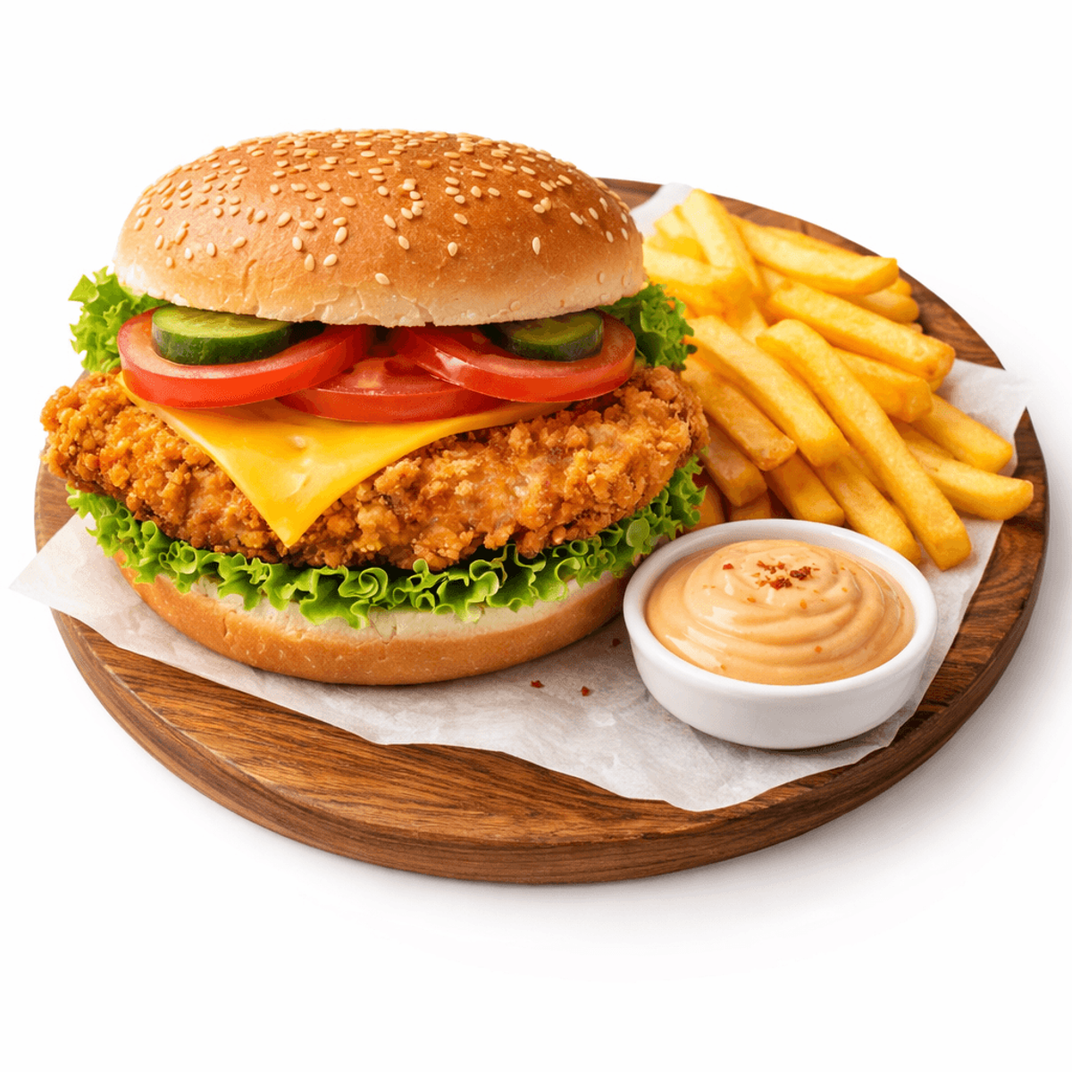 Chickenburger Crispy cu cartofi prăjiți și sos calipso