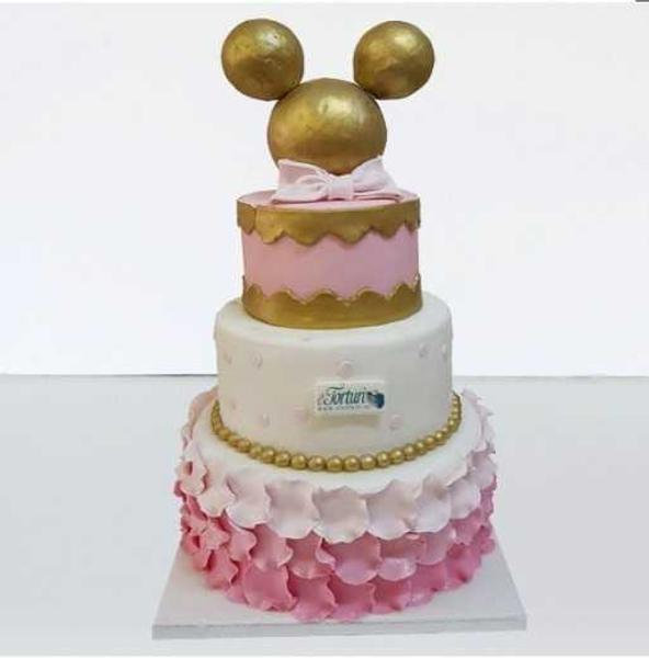 Tort Minnie Mouse cu Petale si Cap Auriu