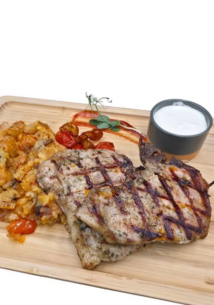 Peasant Chops with Pan-Fried Potatoes with Leeks and Sour Cream Sauce with Garlic