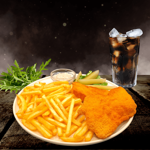 Snitel de Pui cu Cartofi Prajiti si Muraturi 