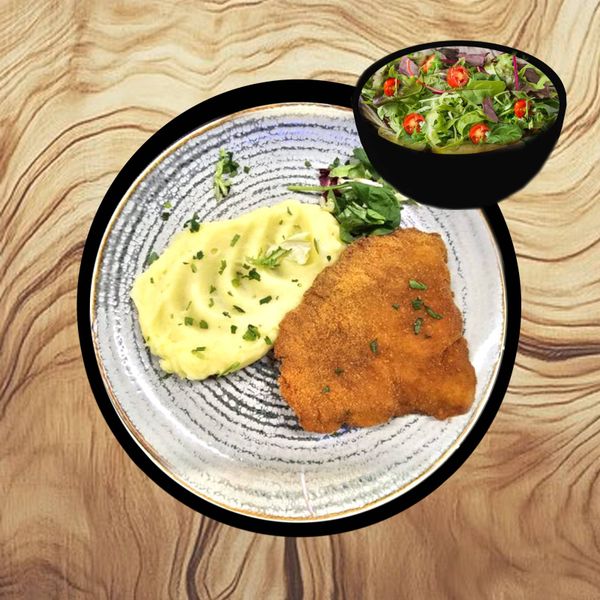 Snitel Soia cu Piure de Cartofi si Salata Mix