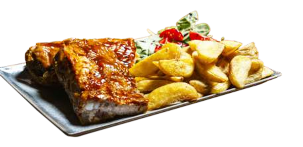 Scaricica de Porc Servita cu Cartofi Wedges si Sos Barbeque