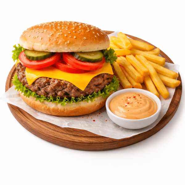 Cheeseburger cu cartofi pPrăjiți și sos calipso